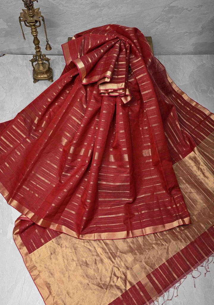 Dark Red Handwoven Maheshwari Silk Cotton Saree with Horizontal Stripes and Zari border