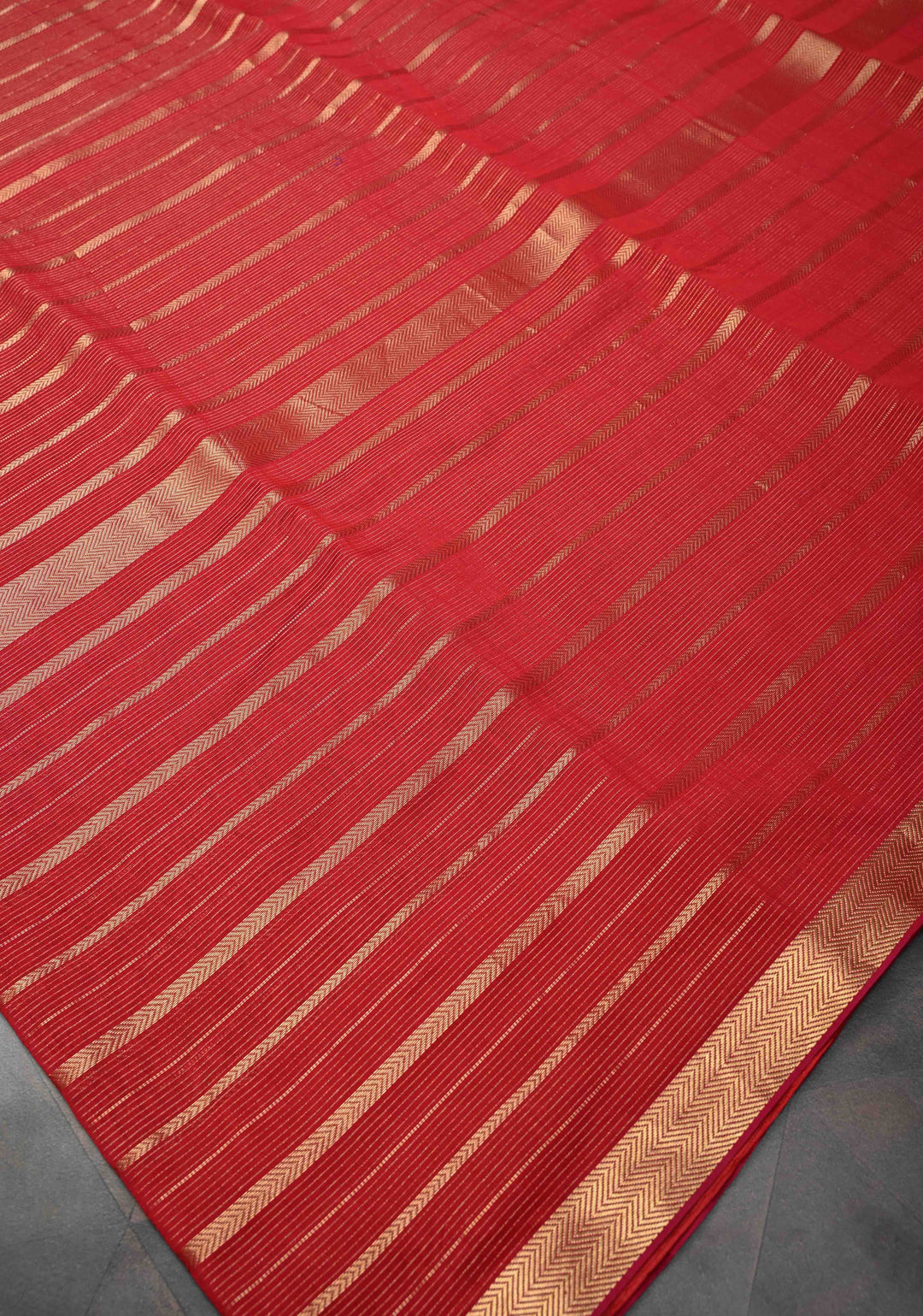 Red Handwoven Maheshwari Silk Cotton Saree with Horizontal Stripes and zari border
