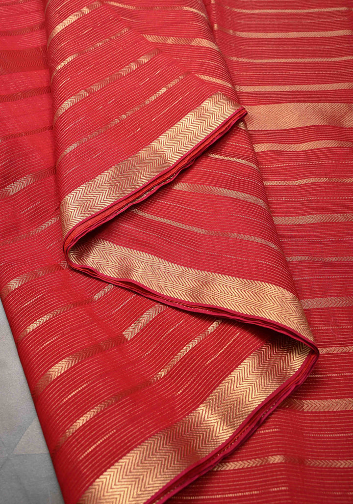 Red Handwoven Maheshwari Silk Cotton Saree with Horizontal Stripes and zari border