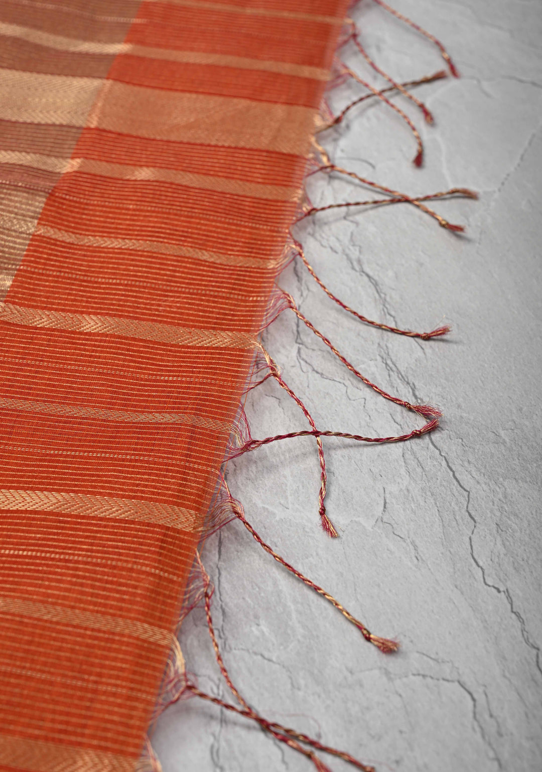 Rust Orange Handwoven Maheshwari Silk Cotton Saree with Horizontal Stripes and Tissue Blouse Piece and Pallu