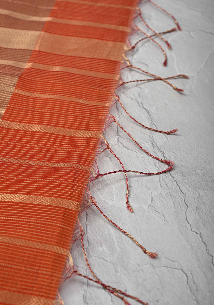 Rust Orange Handwoven Maheshwari Silk Cotton Saree with Horizontal Stripes and Tissue Blouse Piece and Pallu