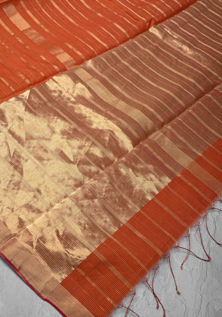 Rust Orange Handwoven Maheshwari Silk Cotton Saree with Horizontal Stripes and Tissue Blouse Piece and Pallu