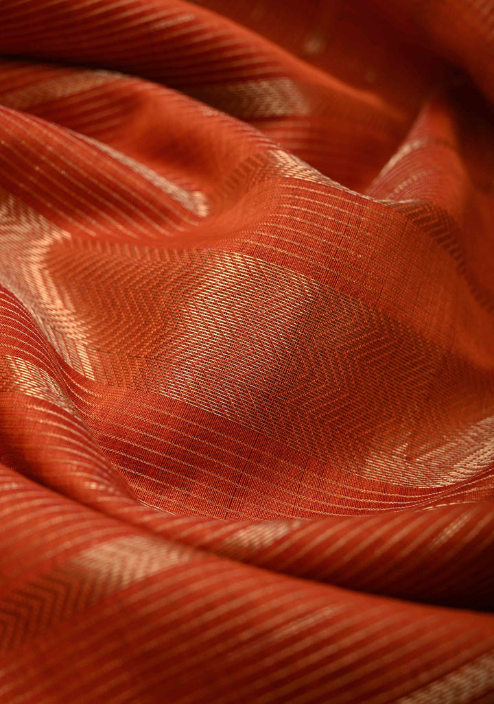 Rust Orange Handwoven Maheshwari Silk Cotton Saree with Horizontal Stripes and Tissue Blouse Piece and Pallu
