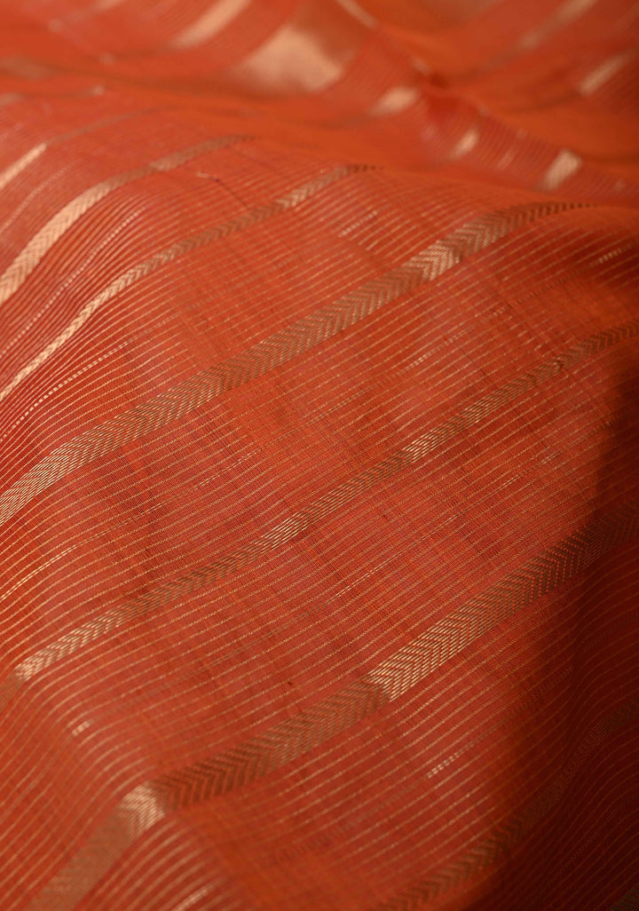 Rust Orange Handwoven Maheshwari Silk Cotton Saree with Horizontal Stripes and Tissue Blouse Piece and Pallu
