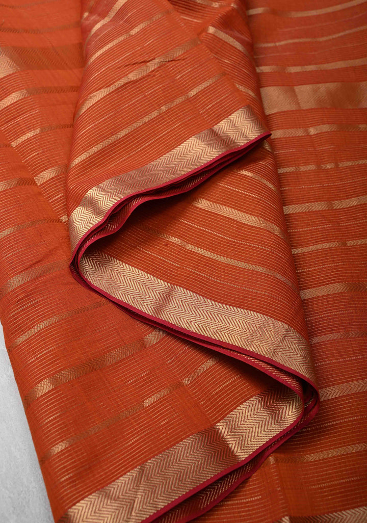 Rust Orange Handwoven Maheshwari Silk Cotton Saree with Horizontal Stripes and Tissue Blouse Piece and Pallu