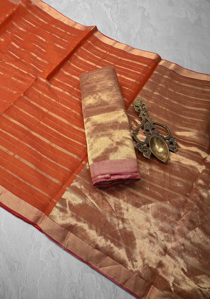 Rust Orange Handwoven Maheshwari Silk Cotton Saree with Horizontal Stripes and Tissue Blouse Piece and Pallu