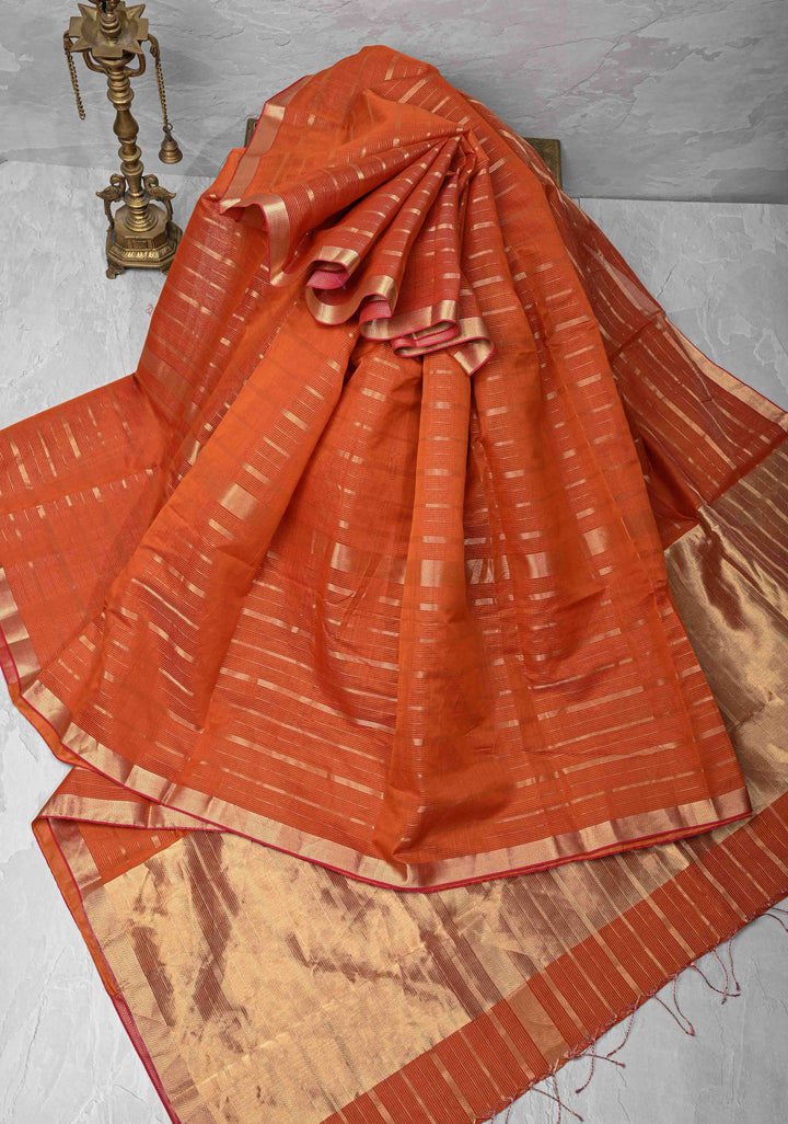 Rust Orange Handwoven Maheshwari Silk Cotton Saree with Horizontal Stripes and Tissue Blouse Piece and Pallu