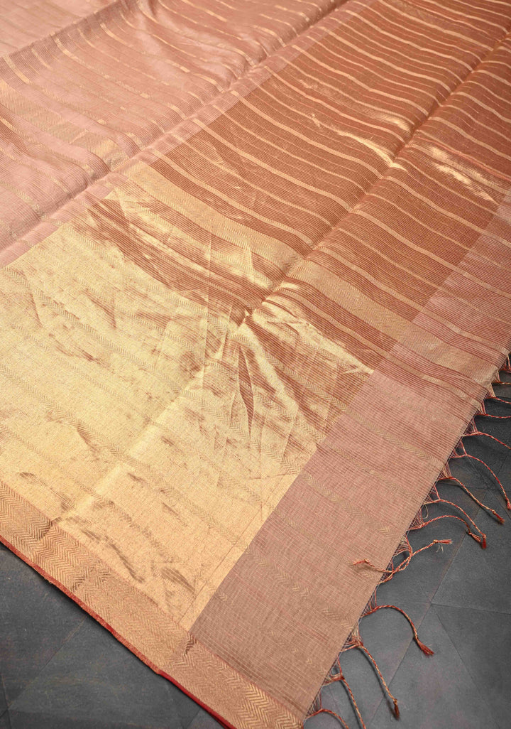 Pinkish Tan Handwoven Maheshwari Silk Cotton Saree with Horizontal Stripes and Tissue Blouse Piece and Pallu