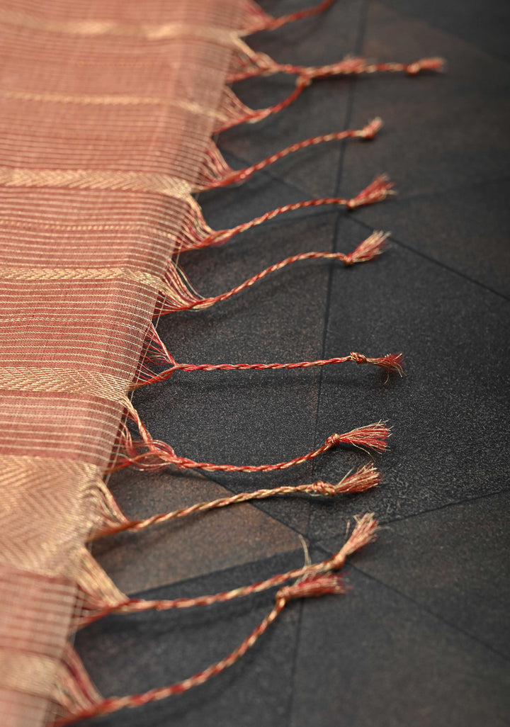 Pinkish Tan Handwoven Maheshwari Silk Cotton Saree with Horizontal Stripes and Tissue Blouse Piece and Pallu