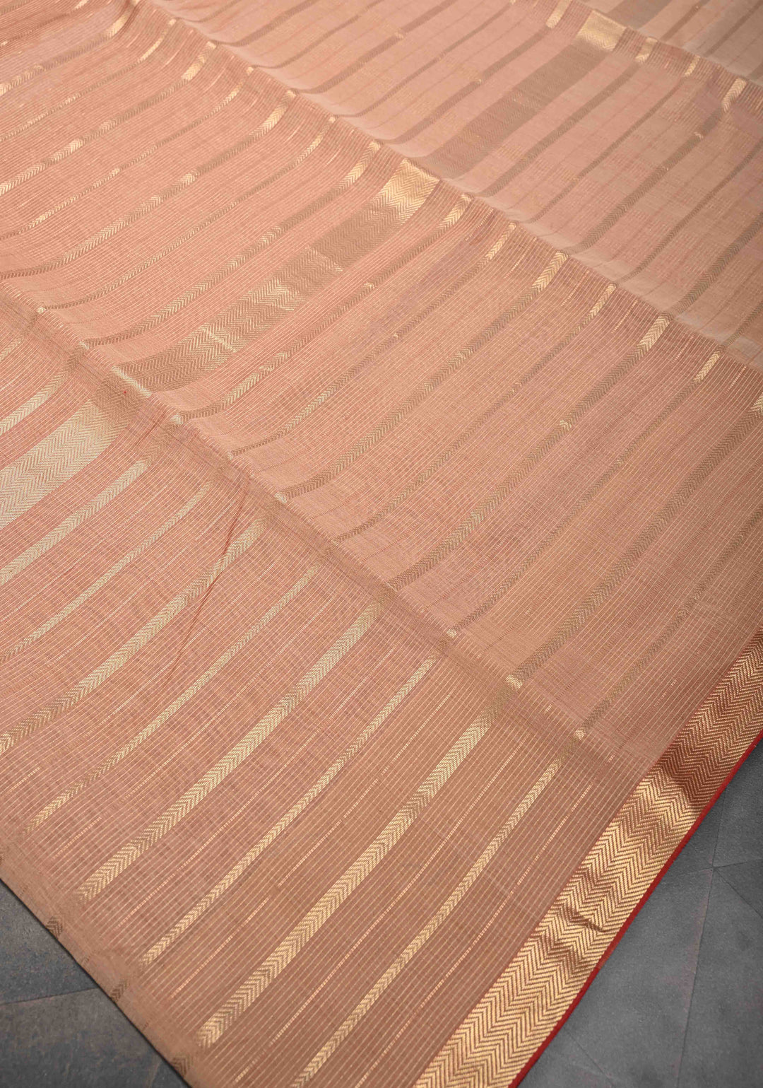 Pinkish Tan Handwoven Maheshwari Silk Cotton Saree with Horizontal Stripes and Tissue Blouse Piece and Pallu