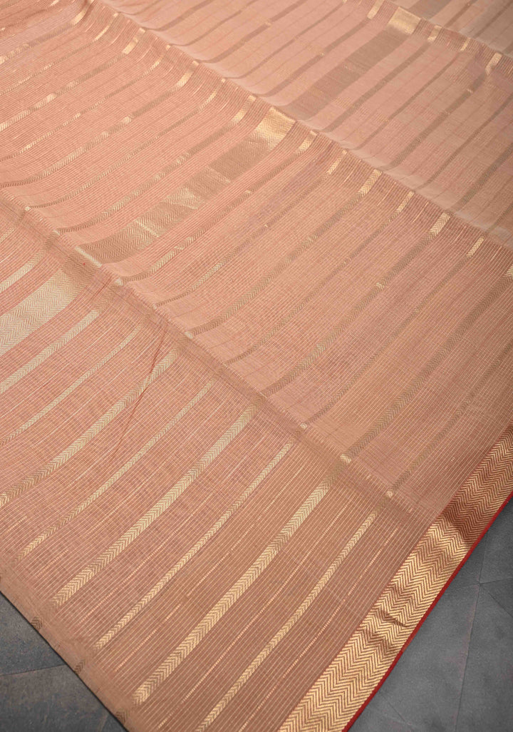 Pinkish Tan Handwoven Maheshwari Silk Cotton Saree with Horizontal Stripes and Tissue Blouse Piece and Pallu
