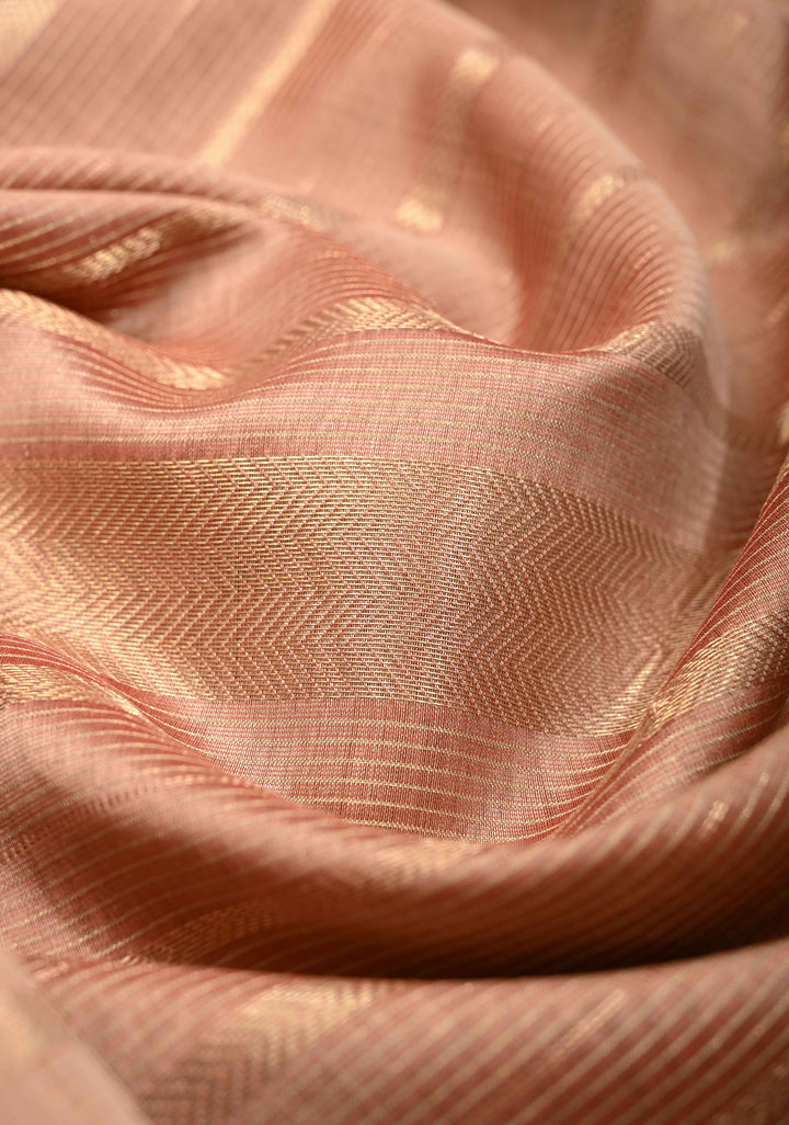 Pinkish Tan Handwoven Maheshwari Silk Cotton Saree with Horizontal Stripes and Tissue Blouse Piece and Pallu