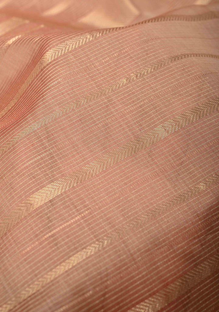 Pinkish Tan Handwoven Maheshwari Silk Cotton Saree with Horizontal Stripes and Tissue Blouse Piece and Pallu