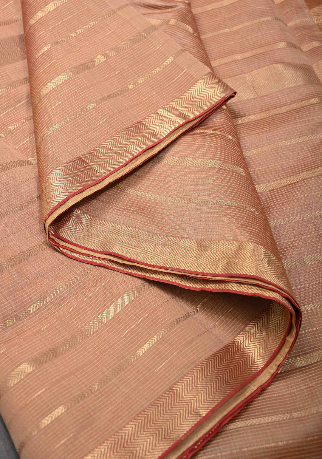 Pinkish Tan Handwoven Maheshwari Silk Cotton Saree with Horizontal Stripes and Tissue Blouse Piece and Pallu
