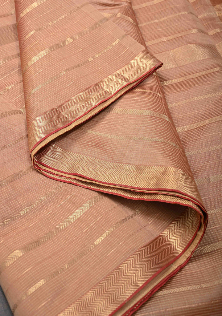 Pinkish Tan Handwoven Maheshwari Silk Cotton Saree with Horizontal Stripes and Tissue Blouse Piece and Pallu