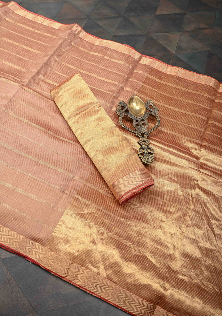 Pinkish Tan Handwoven Maheshwari Silk Cotton Saree with Horizontal Stripes and Tissue Blouse Piece and Pallu