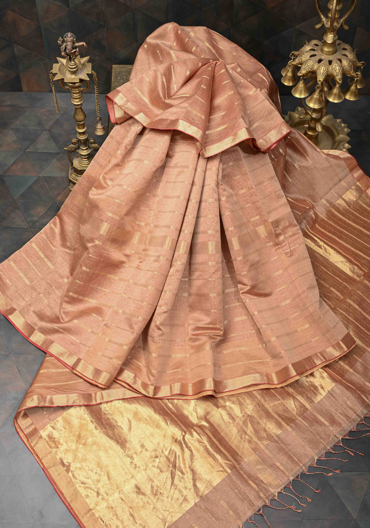 Pinkish Tan Handwoven Maheshwari Silk Cotton Saree with Horizontal Stripes and Tissue Blouse Piece and Pallu