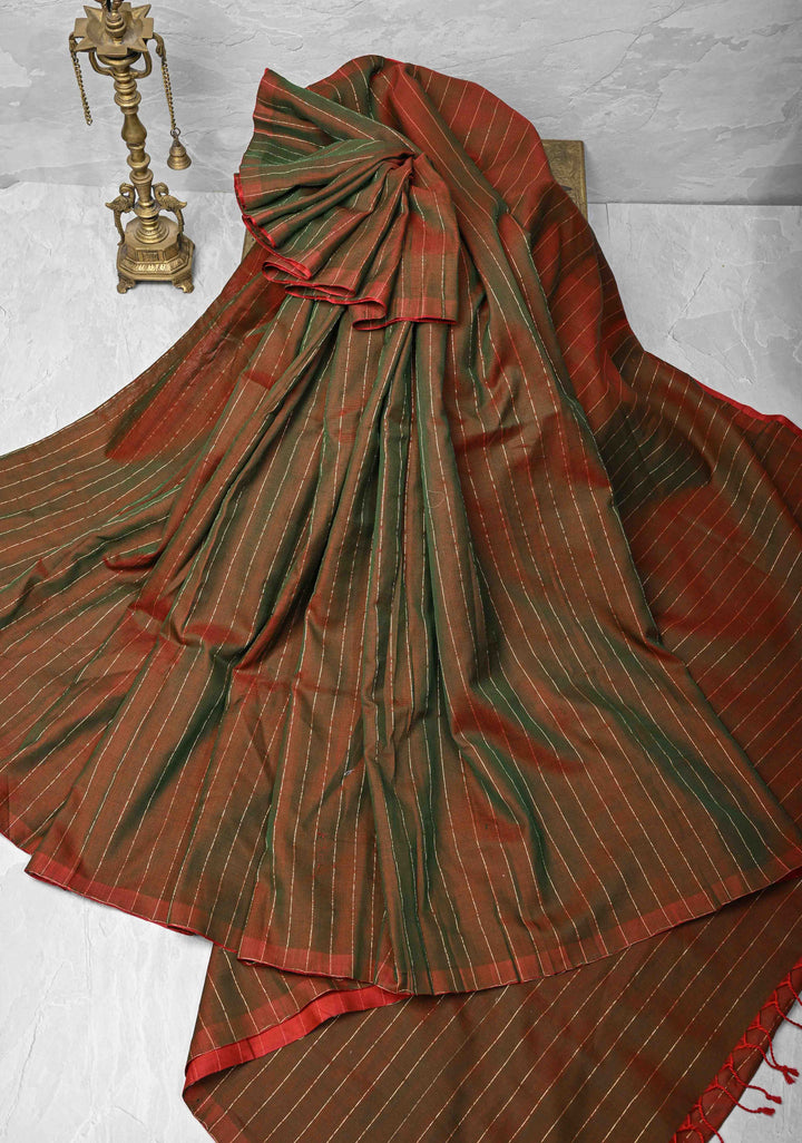 green and red Reversible Maheshwari Mercerized Cotton Saree with extralong tassels, no blouse piece