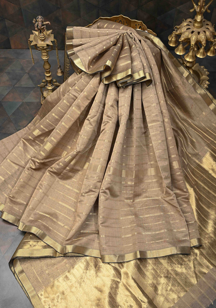Taupe Handwoven Maheshwari Silk Cotton Saree with Horizontal Stripes and Tissue Blouse Piece and Pallu