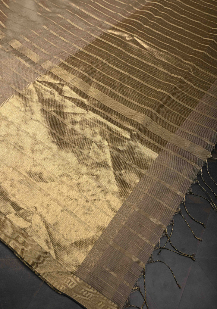 Taupe Handwoven Maheshwari Silk Cotton Saree with Horizontal Stripes and Tissue Blouse Piece and Pallu