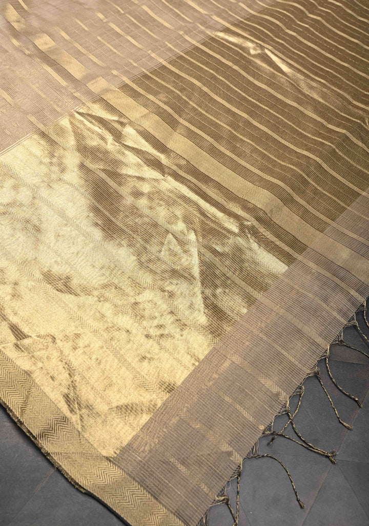 Taupe Handwoven Maheshwari Silk Cotton Saree with Horizontal Stripes and Tissue Blouse Piece and Pallu