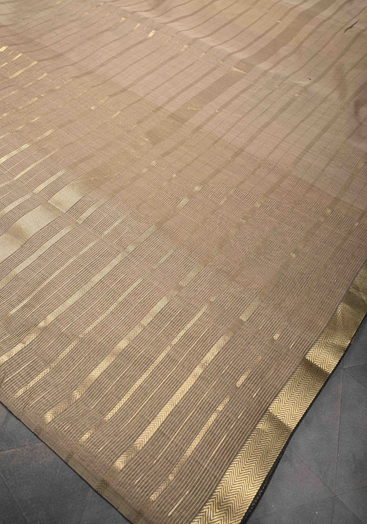 Taupe Handwoven Maheshwari Silk Cotton Saree with Horizontal Stripes and Tissue Blouse Piece and Pallu