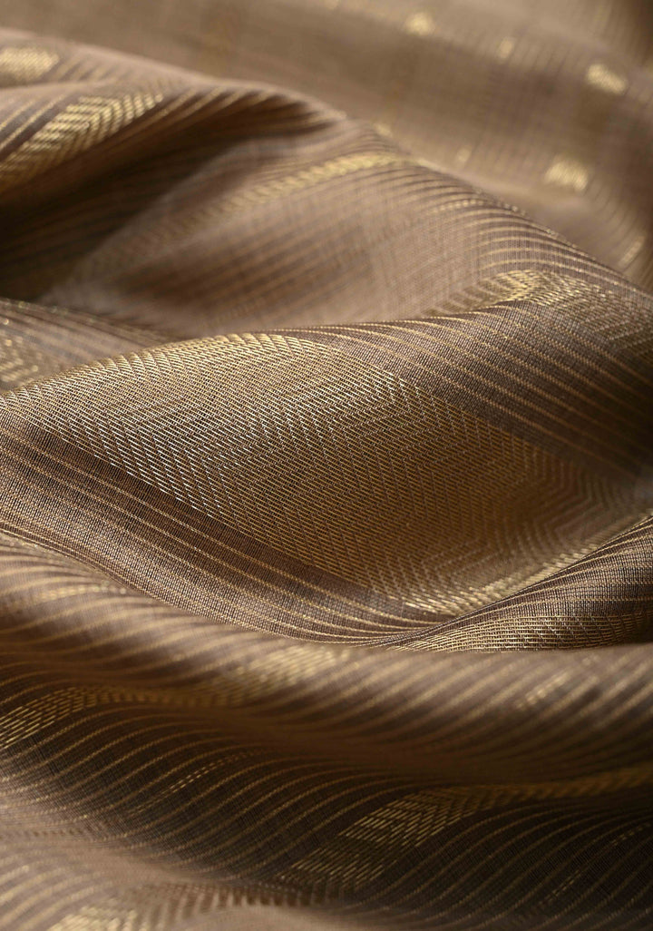 Taupe Handwoven Maheshwari Silk Cotton Saree with Horizontal Stripes and Tissue Blouse Piece and Pallu