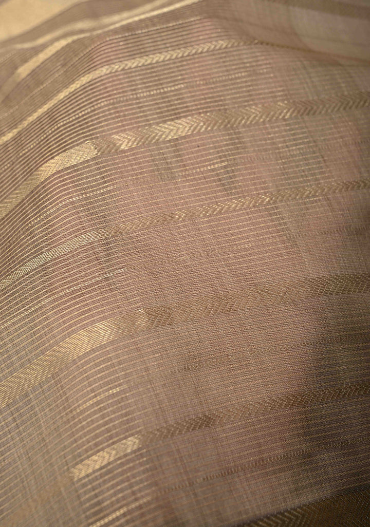 Taupe Handwoven Maheshwari Silk Cotton Saree with Horizontal Stripes and Tissue Blouse Piece and Pallu