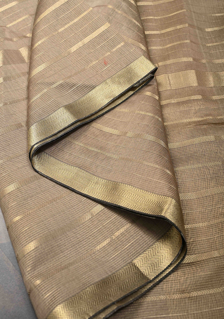 Taupe Handwoven Maheshwari Silk Cotton Saree with Horizontal Stripes and Tissue Blouse Piece and Pallu