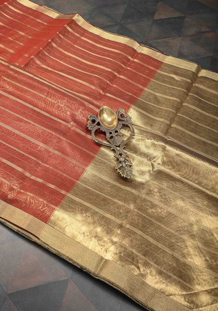 Rust Brown Handwoven Maheshwari Silk Cotton Saree with Horizontal Zari Stripes and Tissue Blouse Piece and Pallu