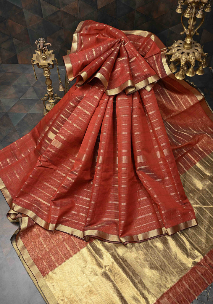 Rust Brown Handwoven Maheshwari Silk Cotton Saree with Horizontal Zari Stripes and Tissue Blouse Piece and Pallu