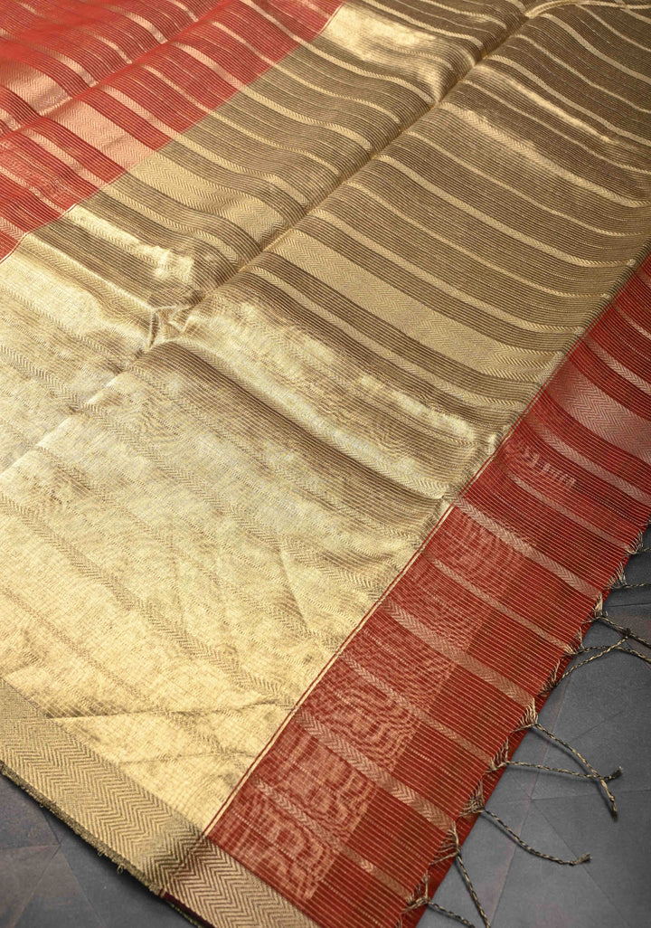 Rust Brown Handwoven Maheshwari Silk Cotton Saree with Horizontal Zari Stripes and Tissue Blouse Piece and Pallu