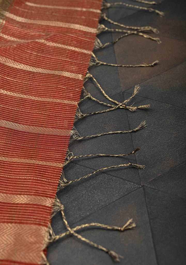 Rust Brown Handwoven Maheshwari Silk Cotton Saree with Horizontal Zari Stripes and Tissue Blouse Piece and Pallu