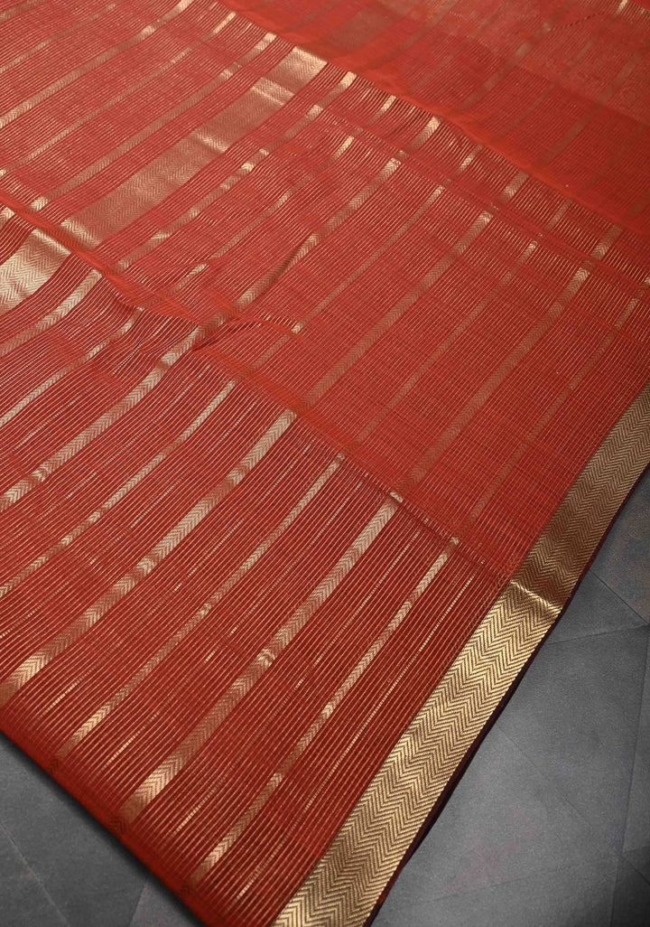 Rust Brown Handwoven Maheshwari Silk Cotton Saree with Horizontal Zari Stripes and Tissue Blouse Piece and Pallu