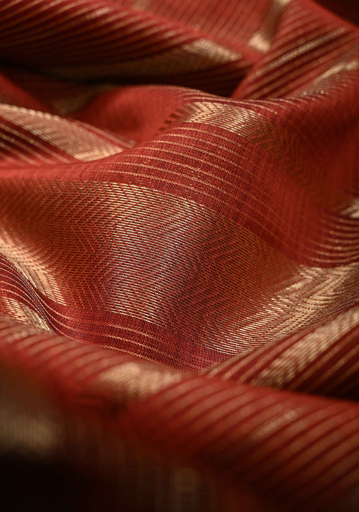 Rust Brown Handwoven Maheshwari Silk Cotton Saree with Horizontal Zari Stripes and Tissue Blouse Piece and Pallu