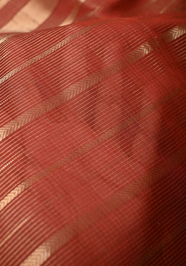 Rust Brown Handwoven Maheshwari Silk Cotton Saree with Horizontal Zari Stripes and Tissue Blouse Piece and Pallu