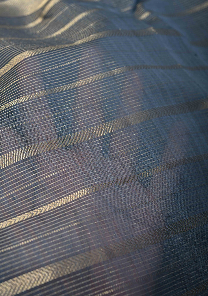 Heather Gray Handwoven Maheshwari Silk Cotton Saree with Horizontal Stripes and Tissue Pallu and Blouse Piece