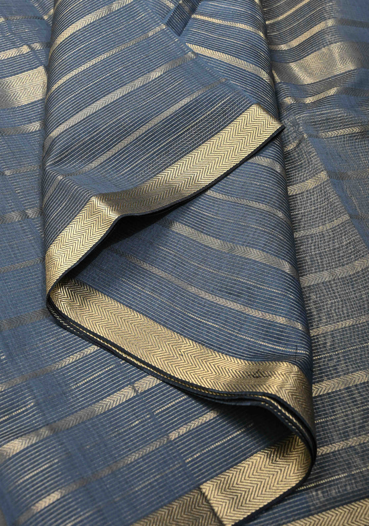 Heather Gray Handwoven Maheshwari Silk Cotton Saree with Horizontal Stripes and Tissue Pallu and Blouse Piece