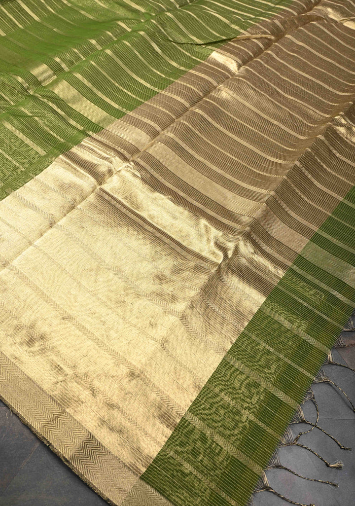Sap Green Handwoven Maheshwari Silk Cotton Saree with Horizontal Stripes and Tissue Pallu and Blouse Piece