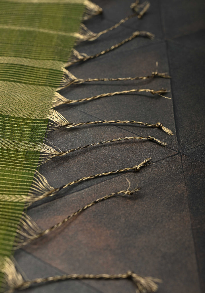 Sap Green Handwoven Maheshwari Silk Cotton Saree with Horizontal Stripes and Tissue Pallu and Blouse Piece