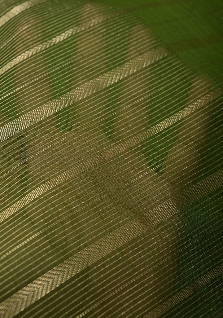 Sap Green Handwoven Maheshwari Silk Cotton Saree with Horizontal Stripes and Tissue Pallu and Blouse Piece