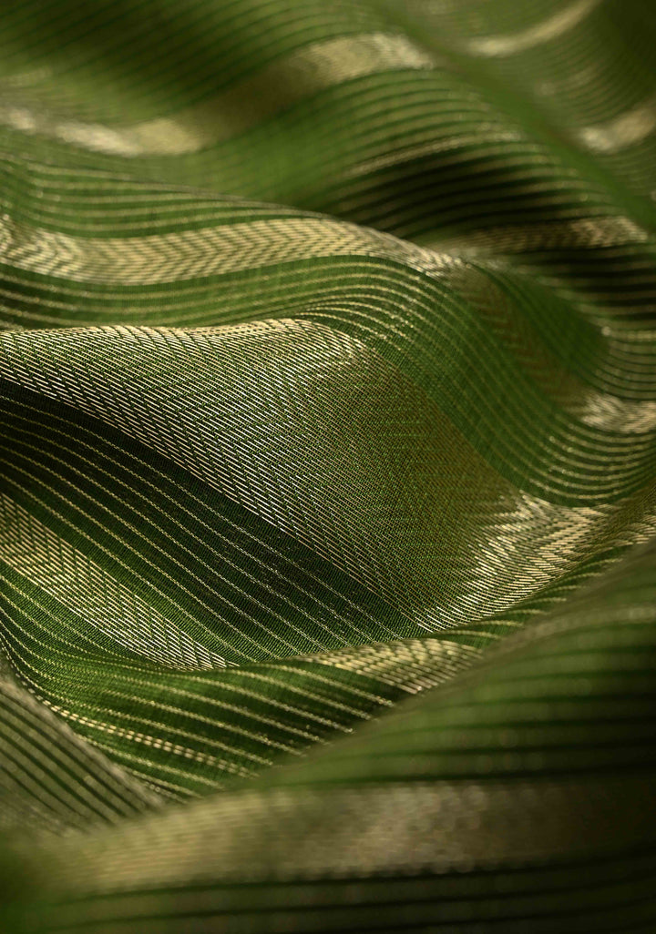 Sap Green Handwoven Maheshwari Silk Cotton Saree with Horizontal Stripes and Tissue Pallu and Blouse Piece