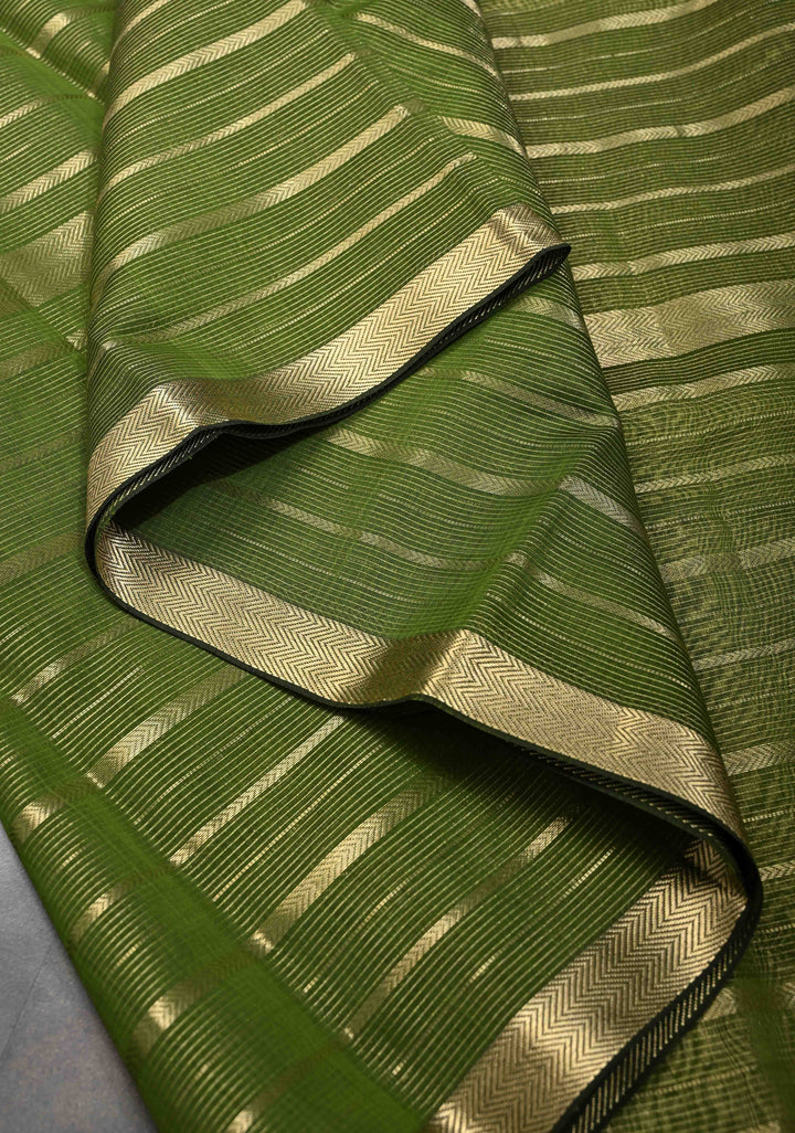 Sap Green Handwoven Maheshwari Silk Cotton Saree with Horizontal Stripes and Tissue Pallu and Blouse Piece