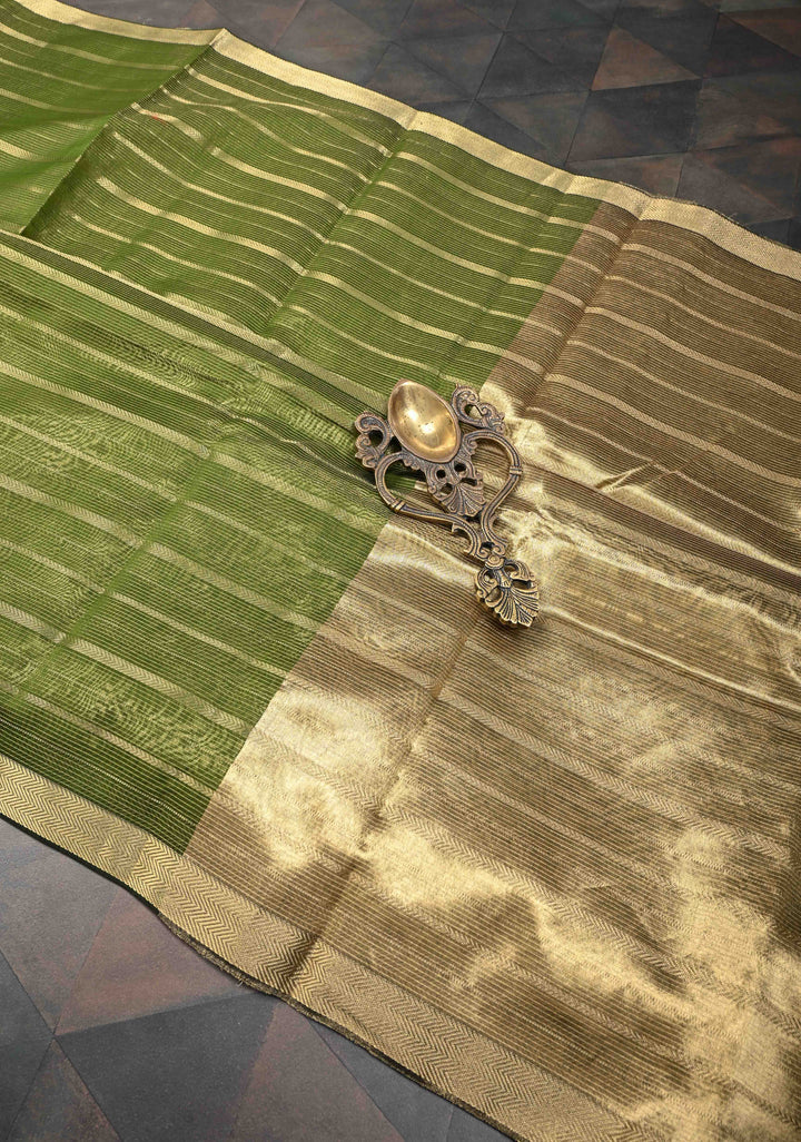 Sap Green Handwoven Maheshwari Silk Cotton Saree with Horizontal Stripes and Tissue Pallu and Blouse Piece