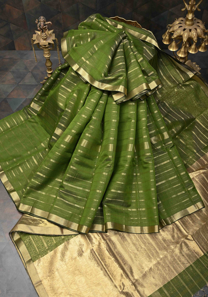 Sap Green Handwoven Maheshwari Silk Cotton Saree with Horizontal Stripes and Tissue Pallu and Blouse Piece
