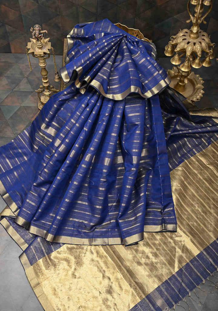 Navy Blue Handwoven Maheshwari Silk Cotton Saree with Horizontal Stripes and Tissue Pallu and Blouse Piece
