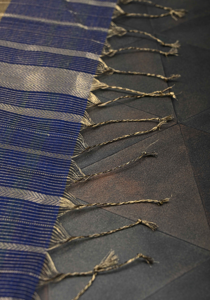 Navy Blue Handwoven Maheshwari Silk Cotton Saree with Horizontal Stripes and Tissue Pallu and Blouse Piece