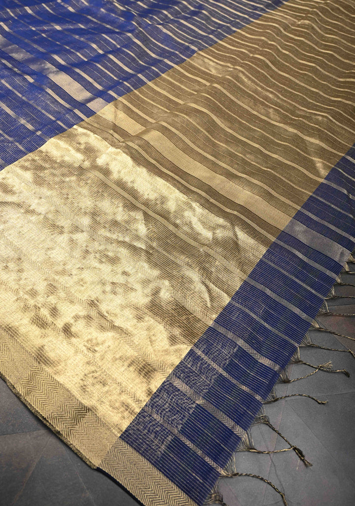 Navy Blue Handwoven Maheshwari Silk Cotton Saree with Horizontal Stripes and Tissue Pallu and Blouse Piece