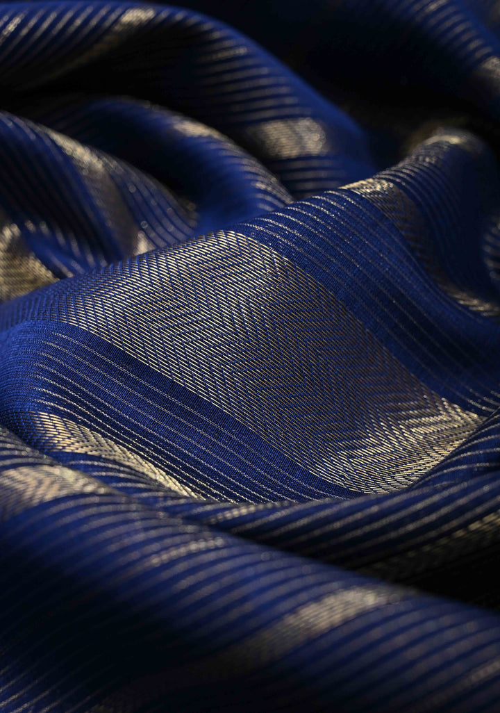 Navy Blue Handwoven Maheshwari Silk Cotton Saree with Horizontal Stripes and Tissue Pallu and Blouse Piece