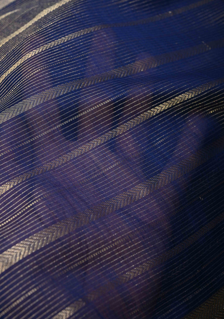 Navy Blue Handwoven Maheshwari Silk Cotton Saree with Horizontal Stripes and Tissue Pallu and Blouse Piece